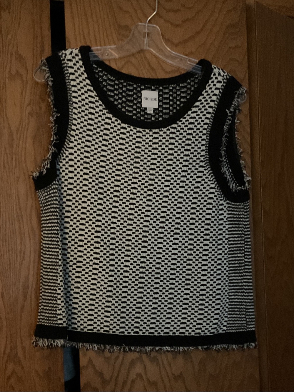 NIC+ZOE Black and White Sleeveless Knit Tank with Fringe Trim
